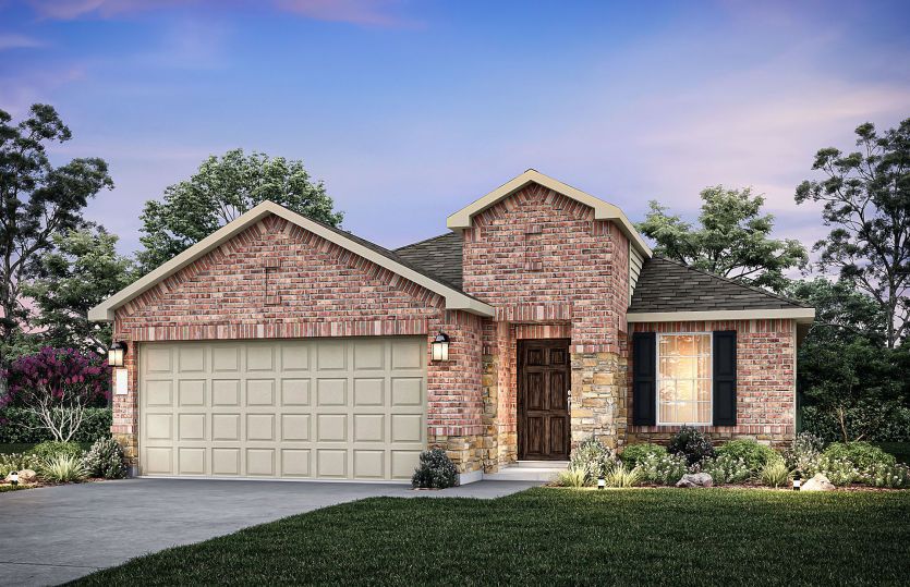 The Hewitt, a one-story home with 2-car garage, shown with Home Exterior Q