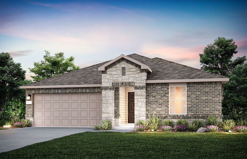 The Serenada, a one-story home with 2-car garage, shown with Home Exterior R