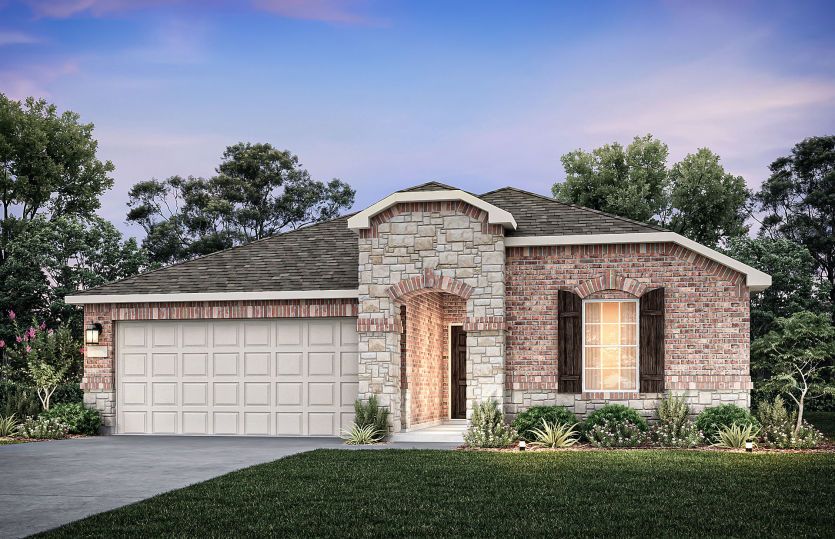 The Rayburn, a one-story home with 2-car garage, shown with Home Exterior R