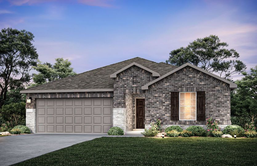 The Rayburn, a one-story home with 2-car garage, shown with Home Exterior Q