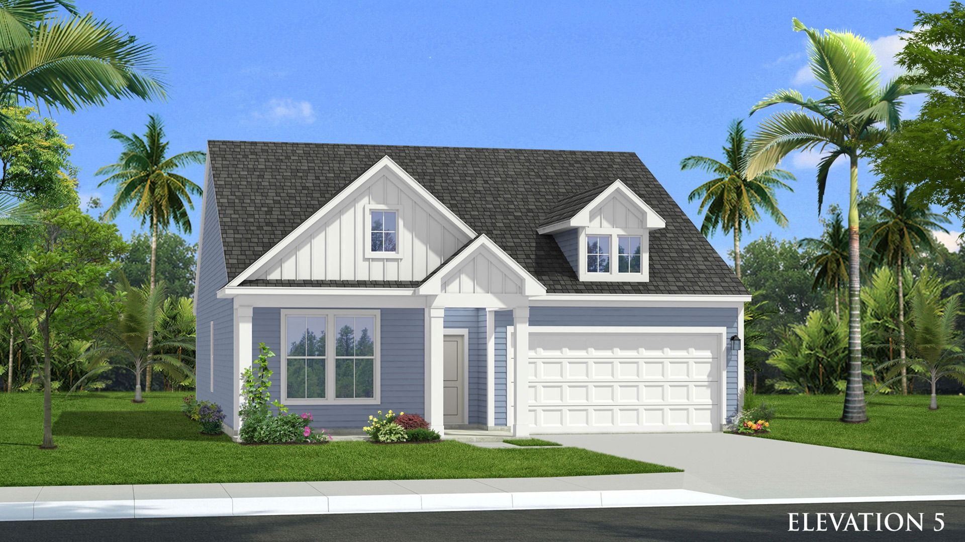 Easton Elevation 5 in Chestnut Farms, featuring a classic exterior with dormer windows and a welcoming covered entry