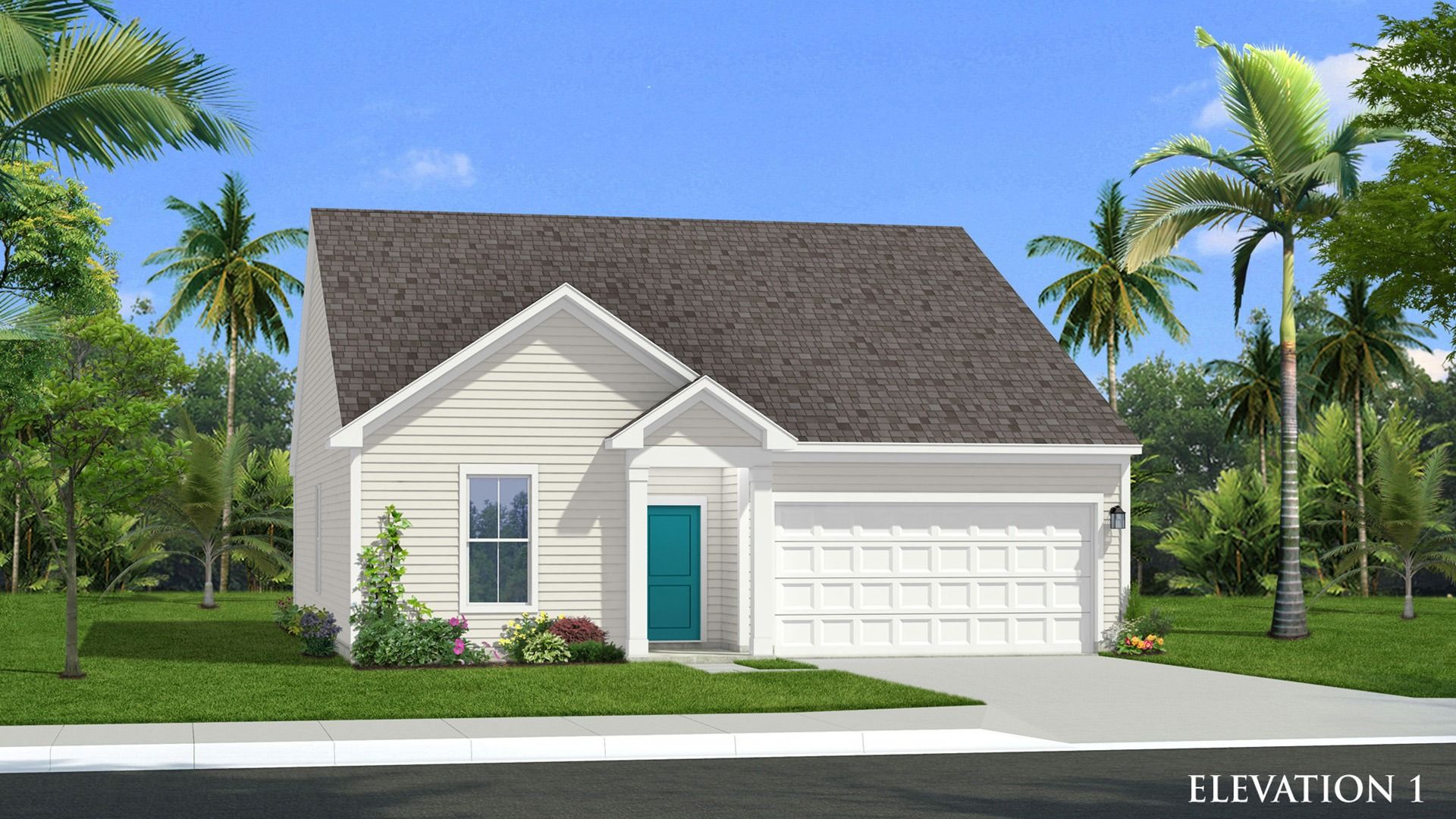Front view of the Easton Elevation 1 at Chestnut Farms in Longs, SC, featuring a clean roofline and welcoming front entry