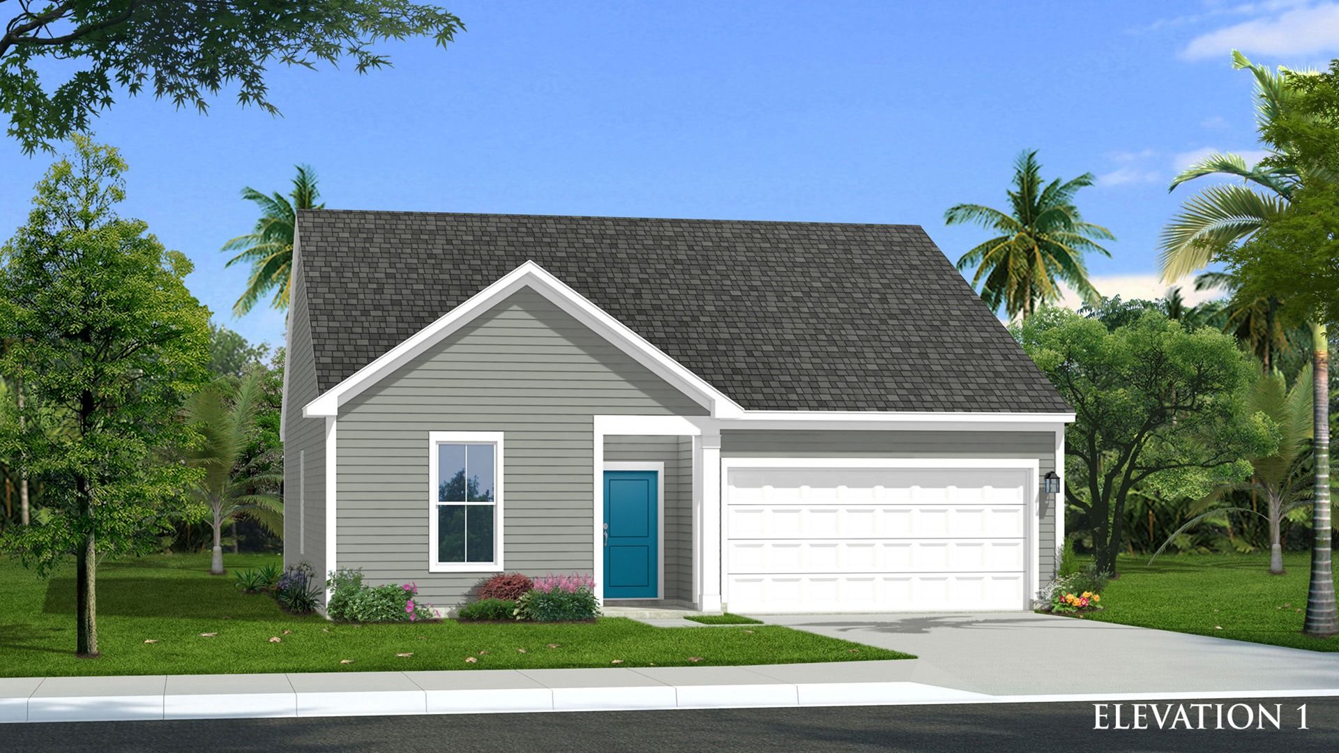 Elevation 1 at Chestnut Farms in Longs, SC, featuring a two-car garage and inviting front entry