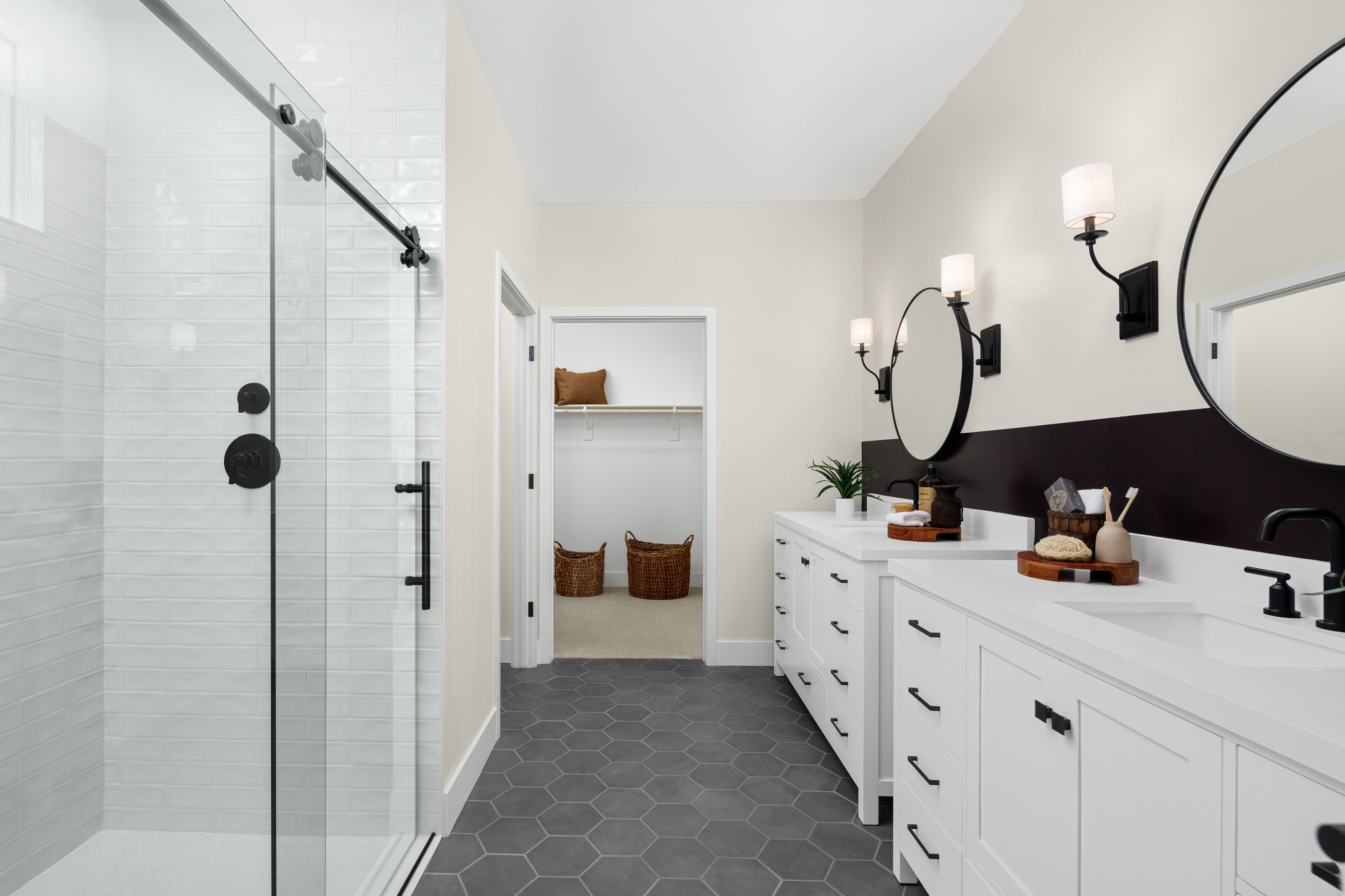 Primary bath with glass shower enclosure