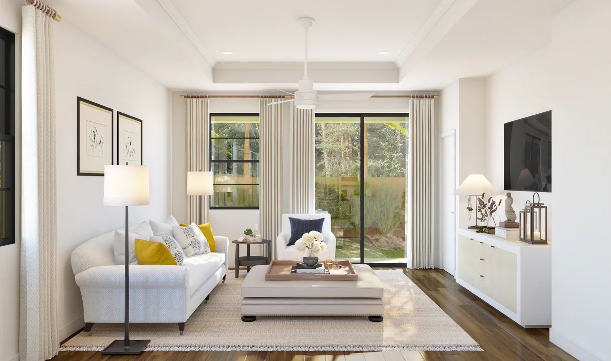 Great room with coffered ceiling and crown moulding