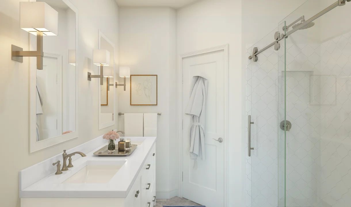 Primary bath with brushed satin nickel hardware