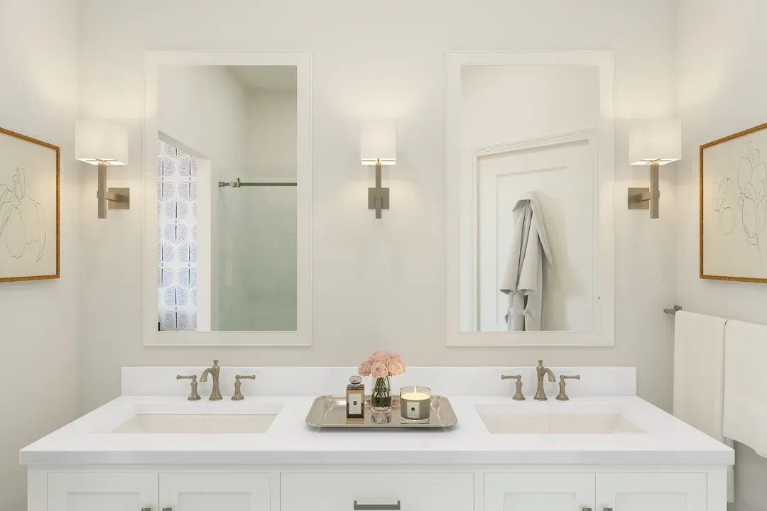 Primary bath with white-framed mirrors