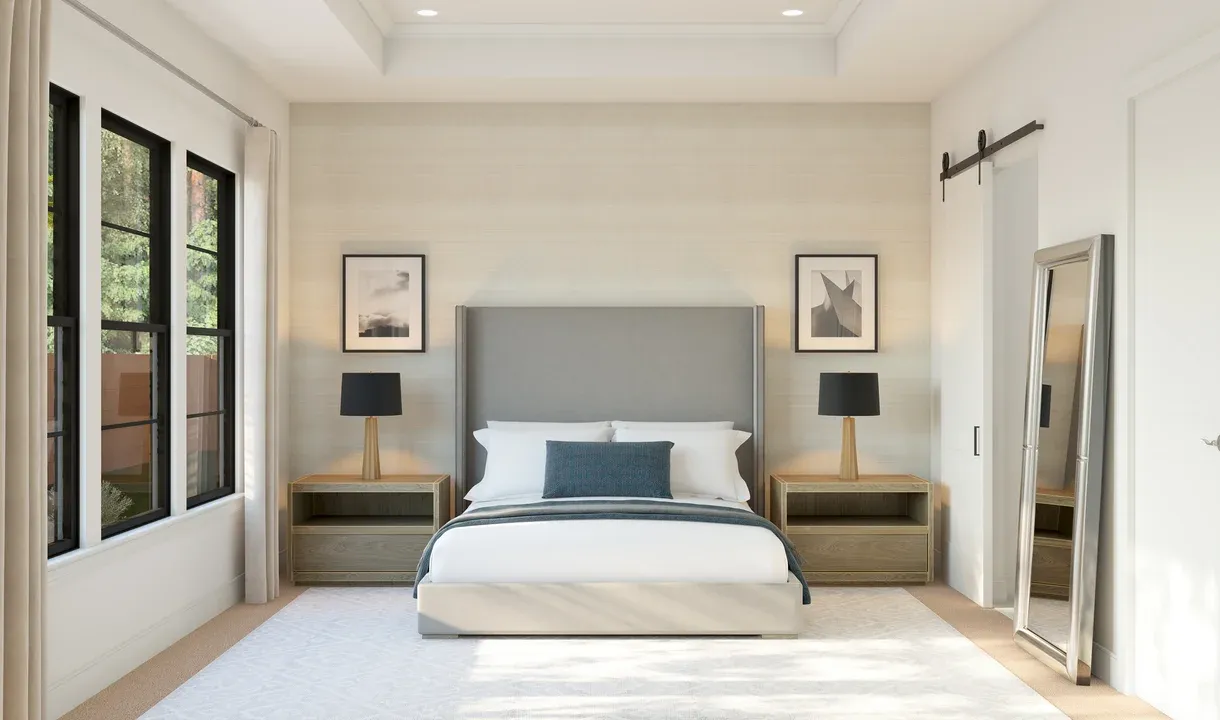 Primary suite with coffered ceiling and crown moulding