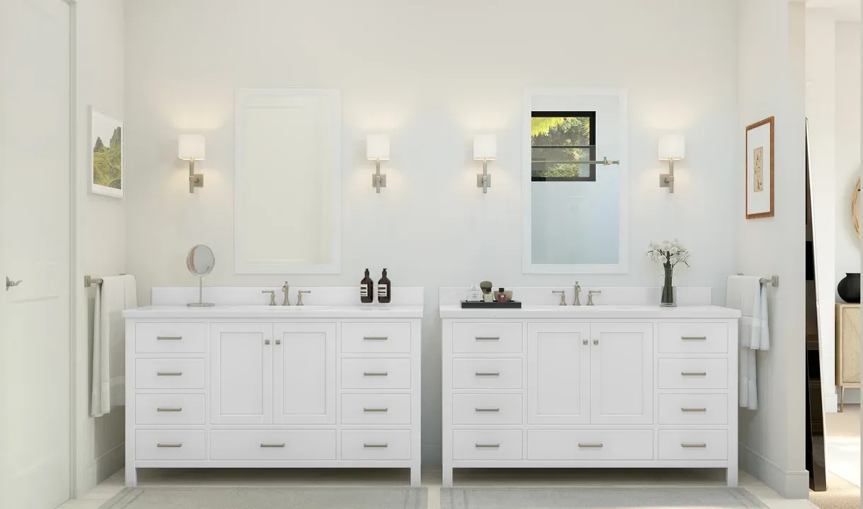 Primary bath with freestanding vanities