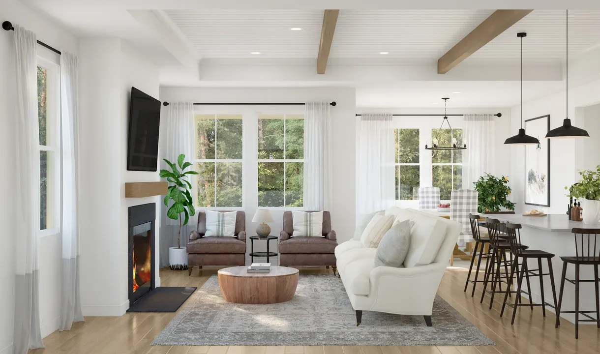 Great room with shiplap and painted ceiling beams