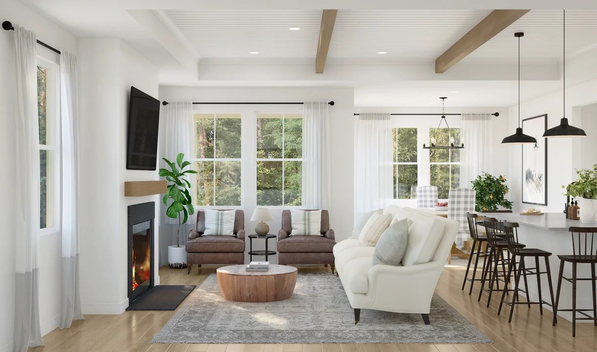 Great room with shiplap and painted ceiling beams