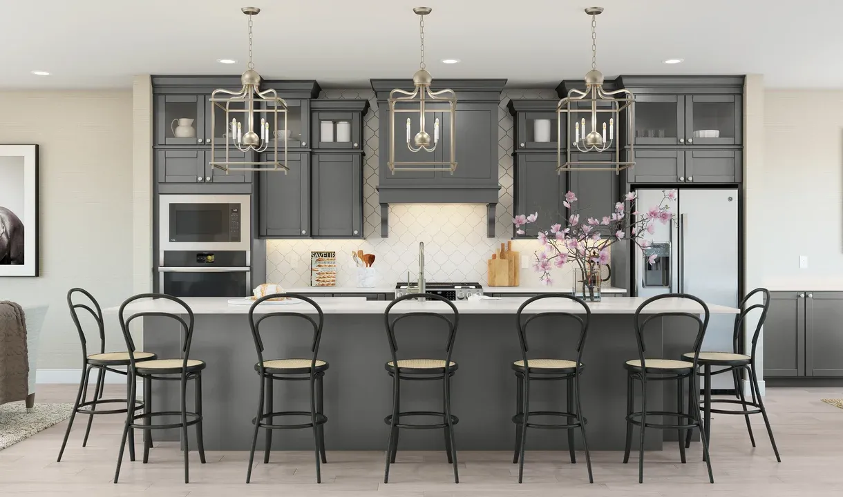 Kitchen with dark stained upper glass cabinetry