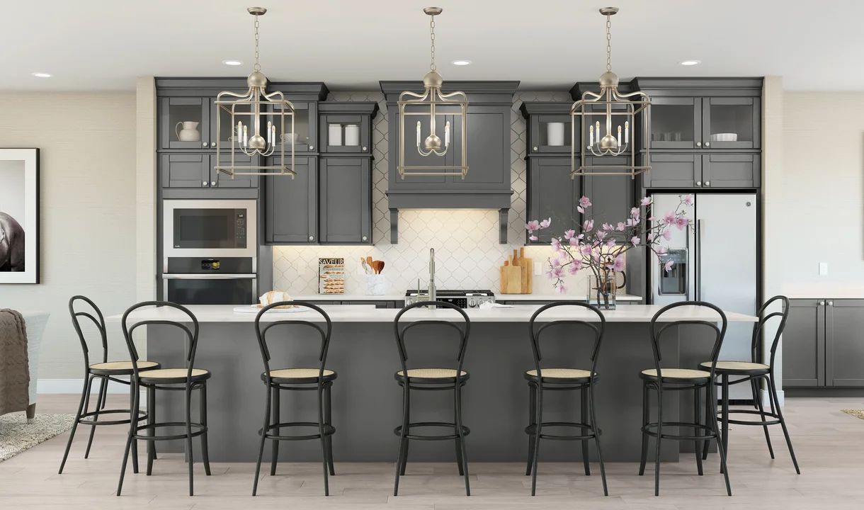 Kitchen with dark stained upper glass cabinetry