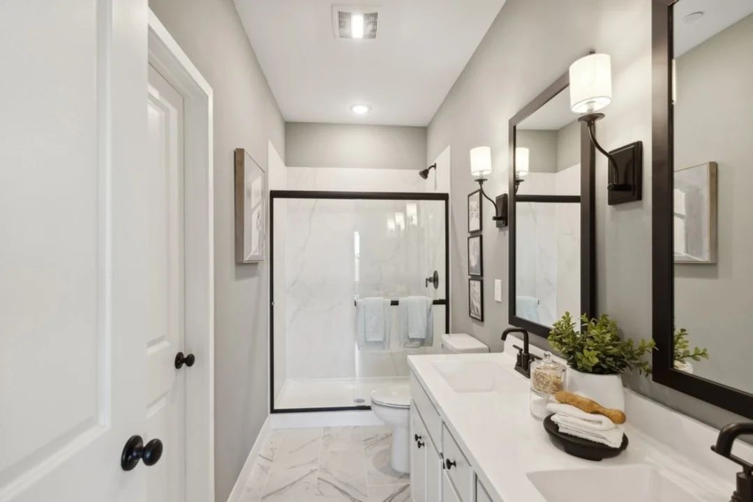 Primary bath with matte black fixtures