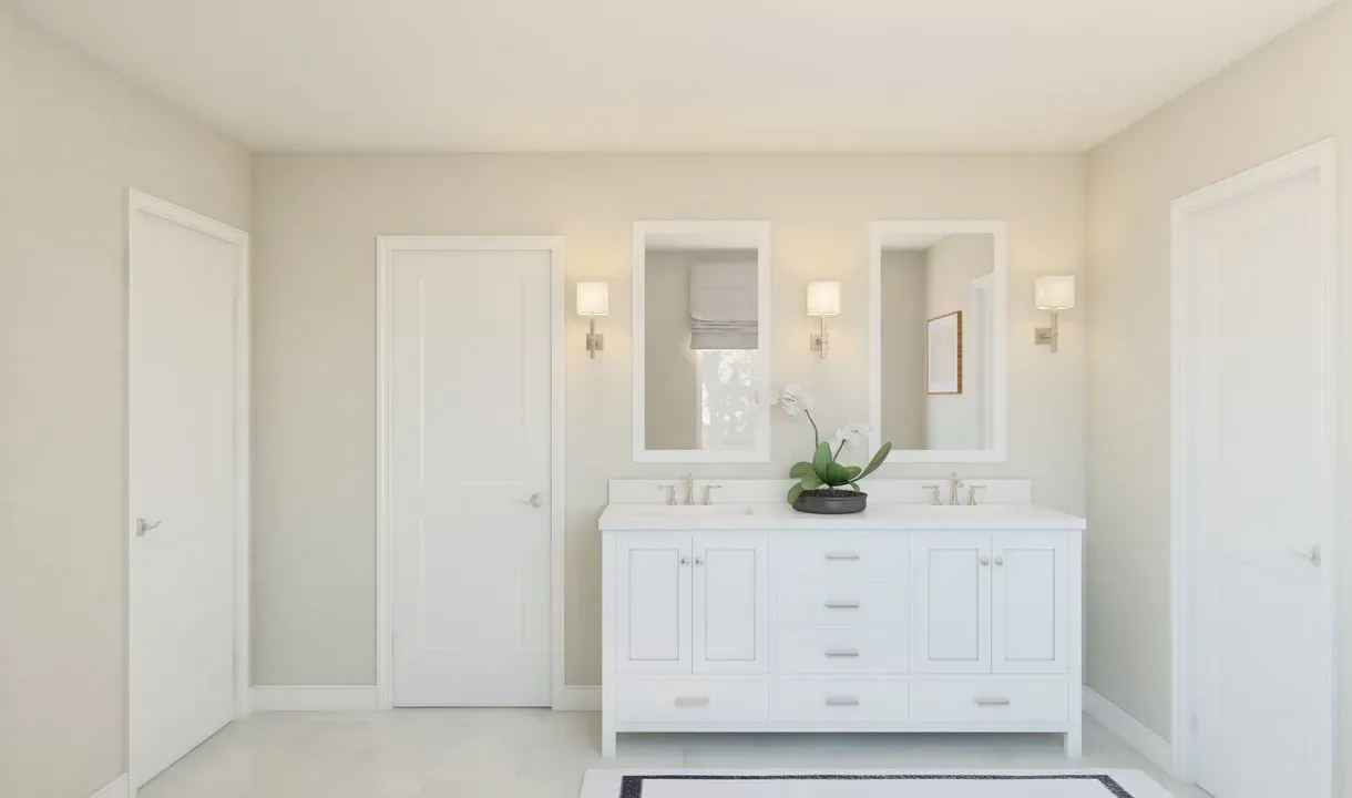 Primary bath with freestanding vanity
