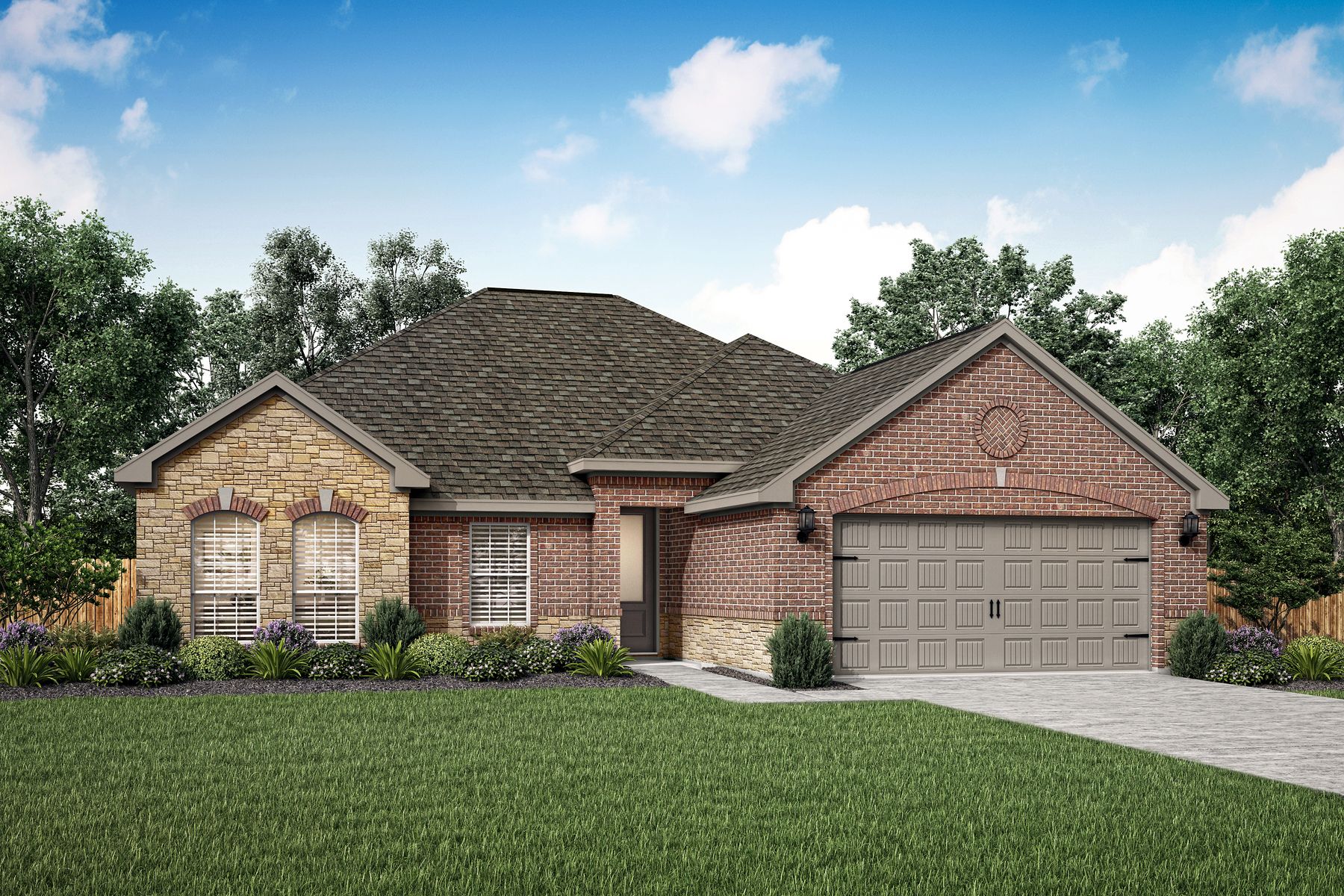 Single-story home with brick and stone and front yard landscaping