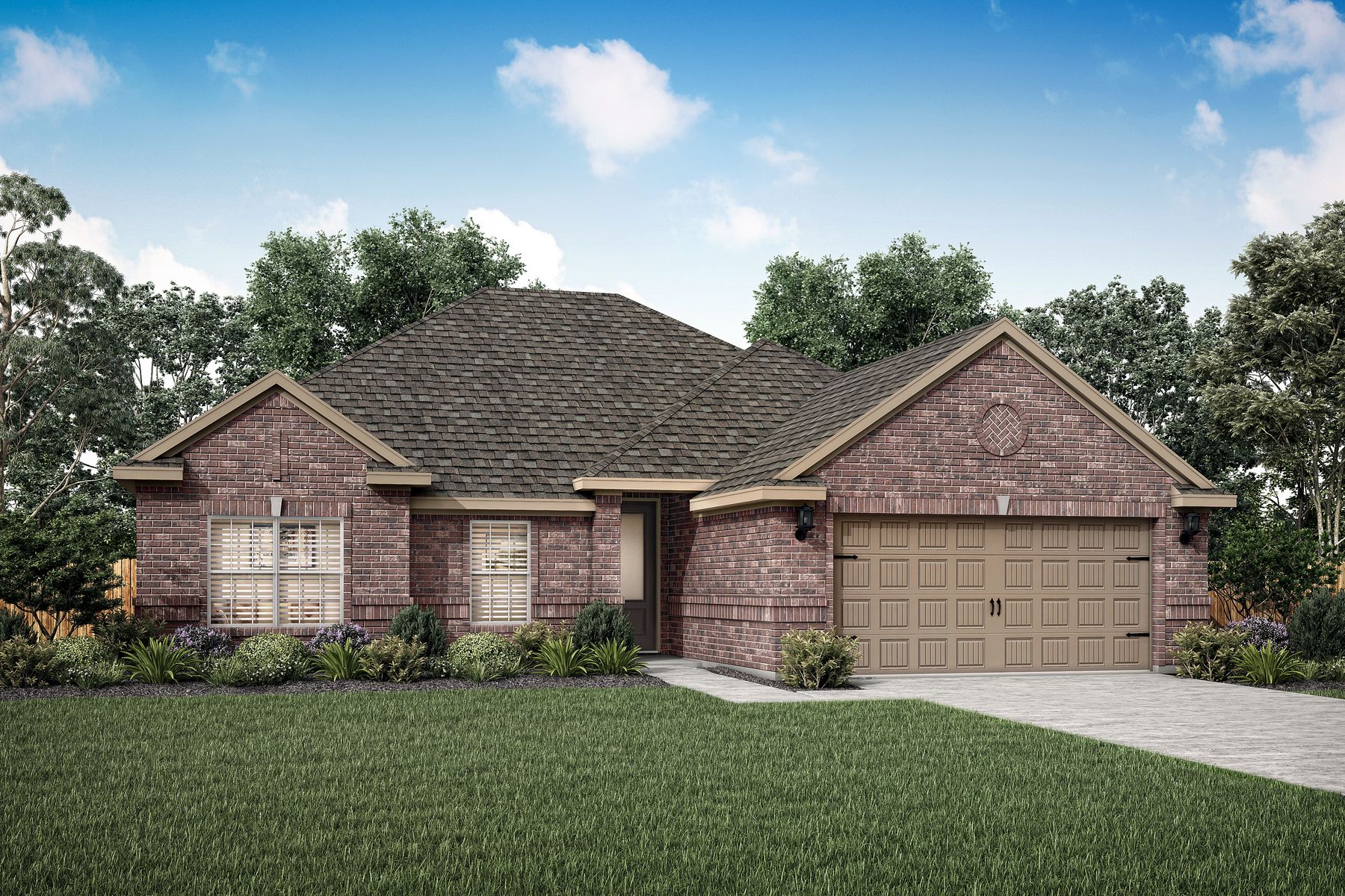 Single-story home with brick and front yard landscaping