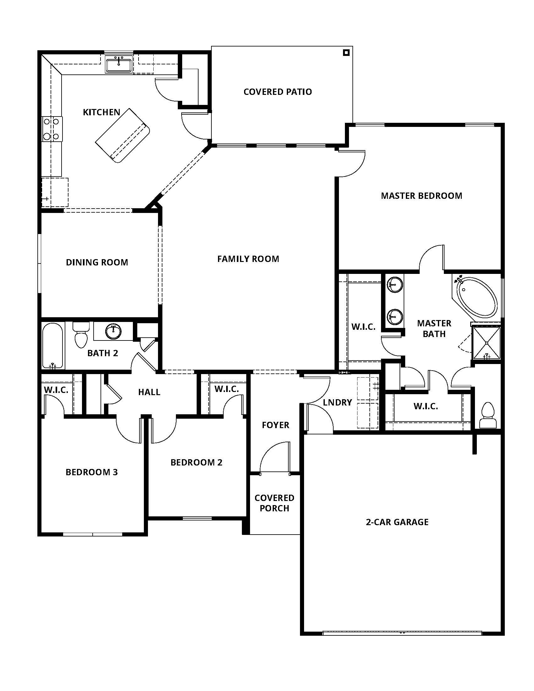 Single story plan with a spacious family room and covered porch and patio