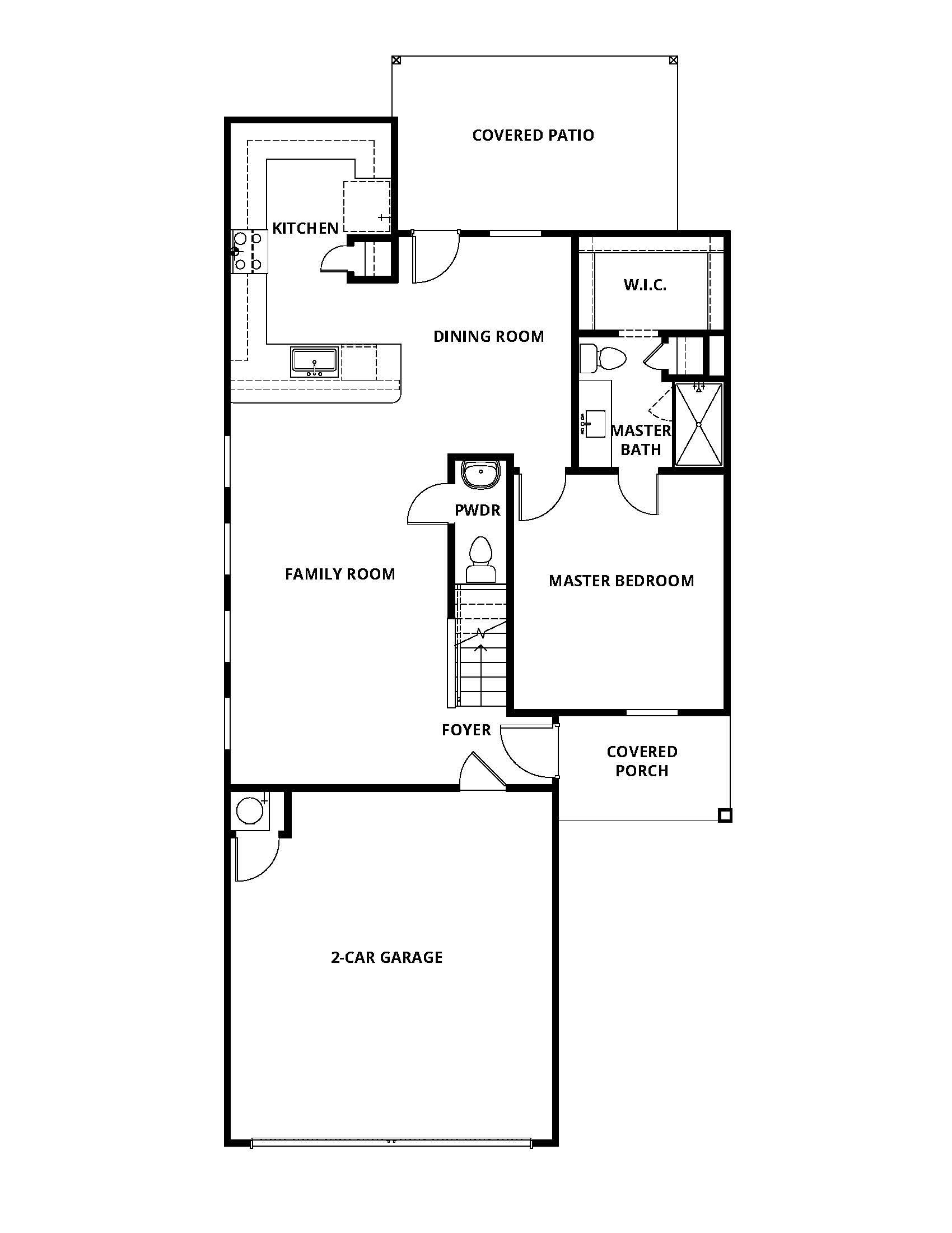 The first floor of the Sudan floor plan has a kitchen, family room, powder room and the master suite.