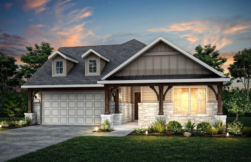 Exterior N, with stone accents, shutters, and 2-car garage with extra storage space