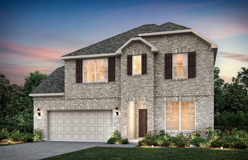 Exterior B with wood shutters, and 2-car garage with additional storage
