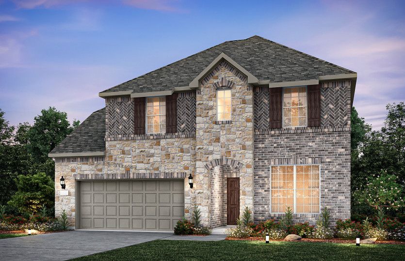 Exterior D with wood shutters, stone accents, and 2-car garage with additional storage