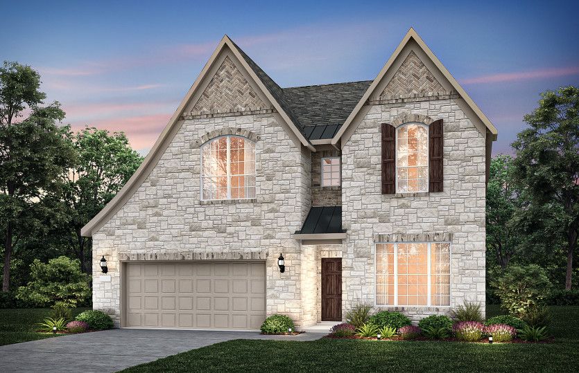 Exterior F with wood shutters, stone accents, and 2-car garage with additional storage