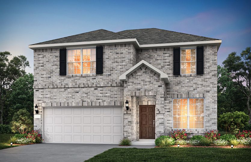 The Hamilton, a two-story home with 2-car garage, shown as Home Exterior A