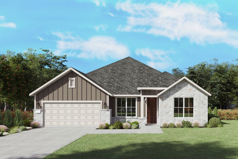 The Azle, a one-story new home design shown with home exterior HC 201