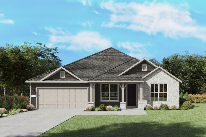 The Azle, a one-story new home design shown with home exterior HC 202