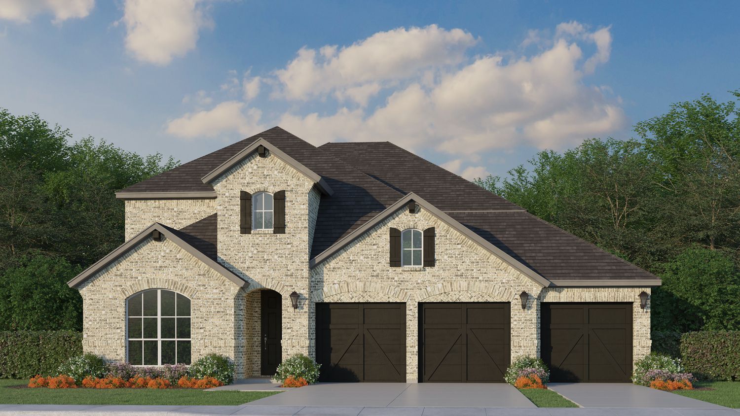 Exterior:Plan 1534 Elevation A 3 Car Garage