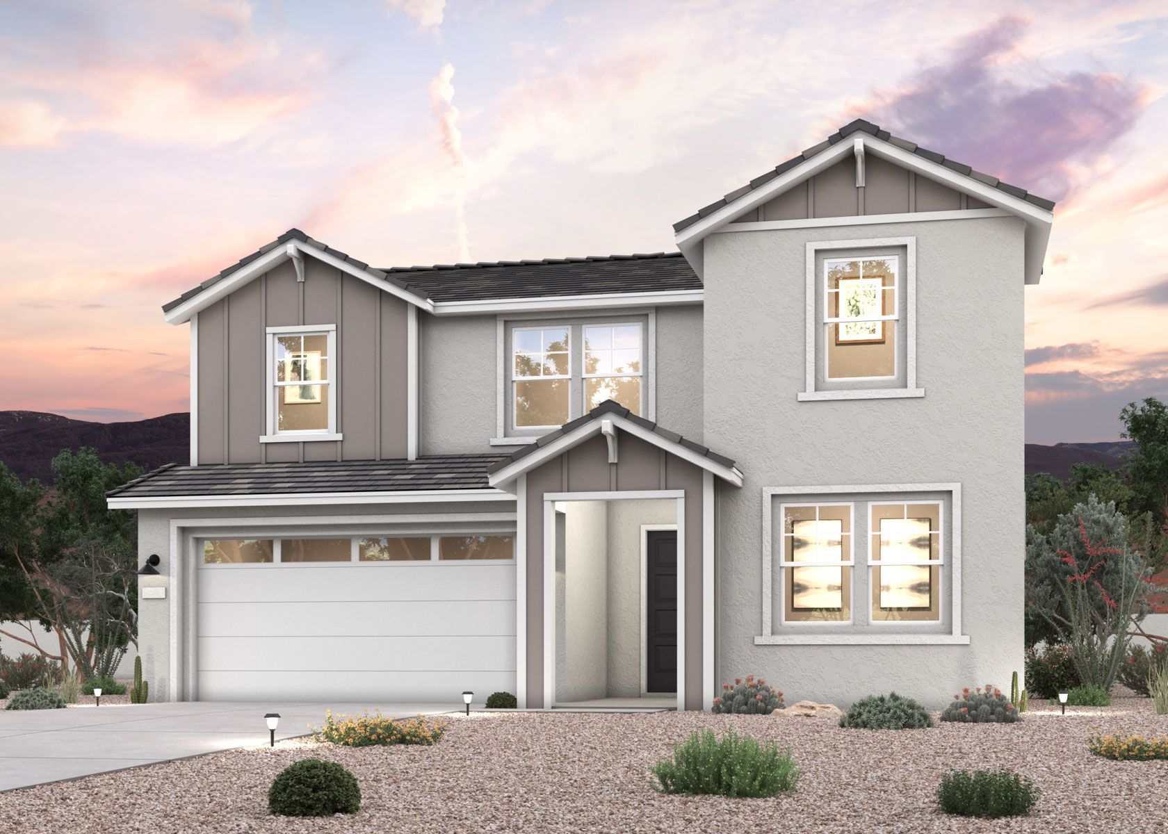 Twilight rendering of front of new 2-story ranch style home for sale in Buckeye, AZ with 2 car garag