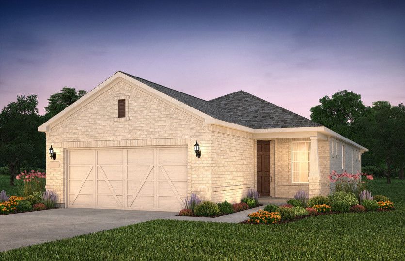 Exterior:The Contour, a one-story home with 2-car garage, shown with Home Exterior LS202