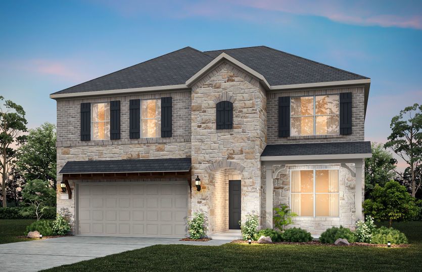 Sondra:The Sondra, a two-story home with covered front porch and 2-car garage, shown as Home Exterior D