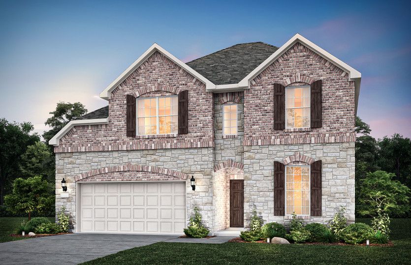 Exterior:Exterior C with shutters, stone accents, and 2-car garage with additional storage
