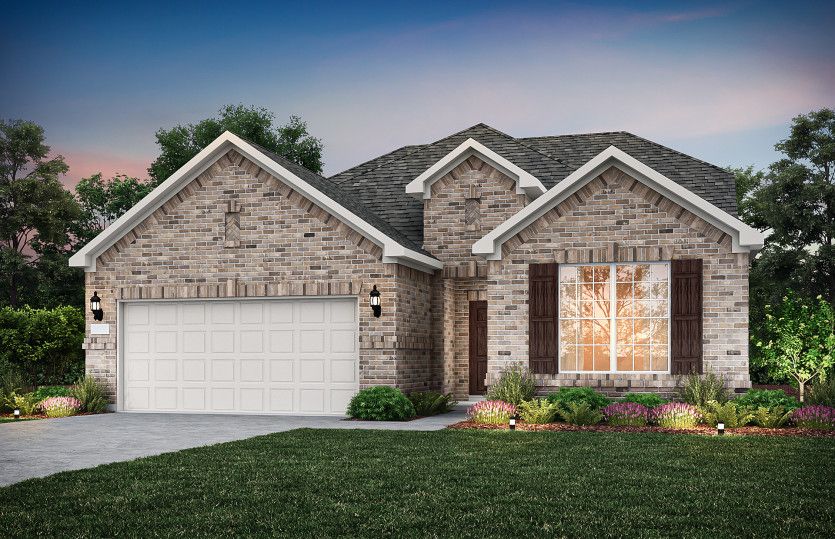 Exterior:Exterior A with stone and brick, wood shutters, and 2-car garage