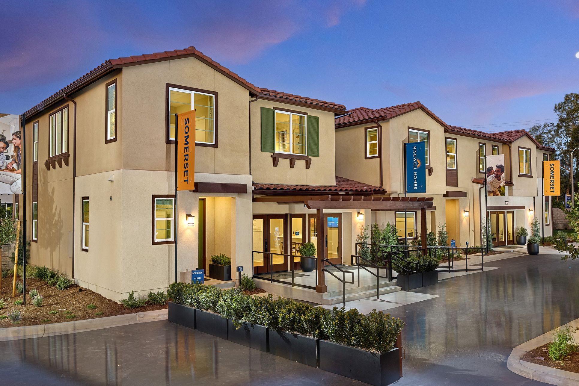 Somerset at Eastvale Square - Front Exterior - Twilight - Risewell Homes